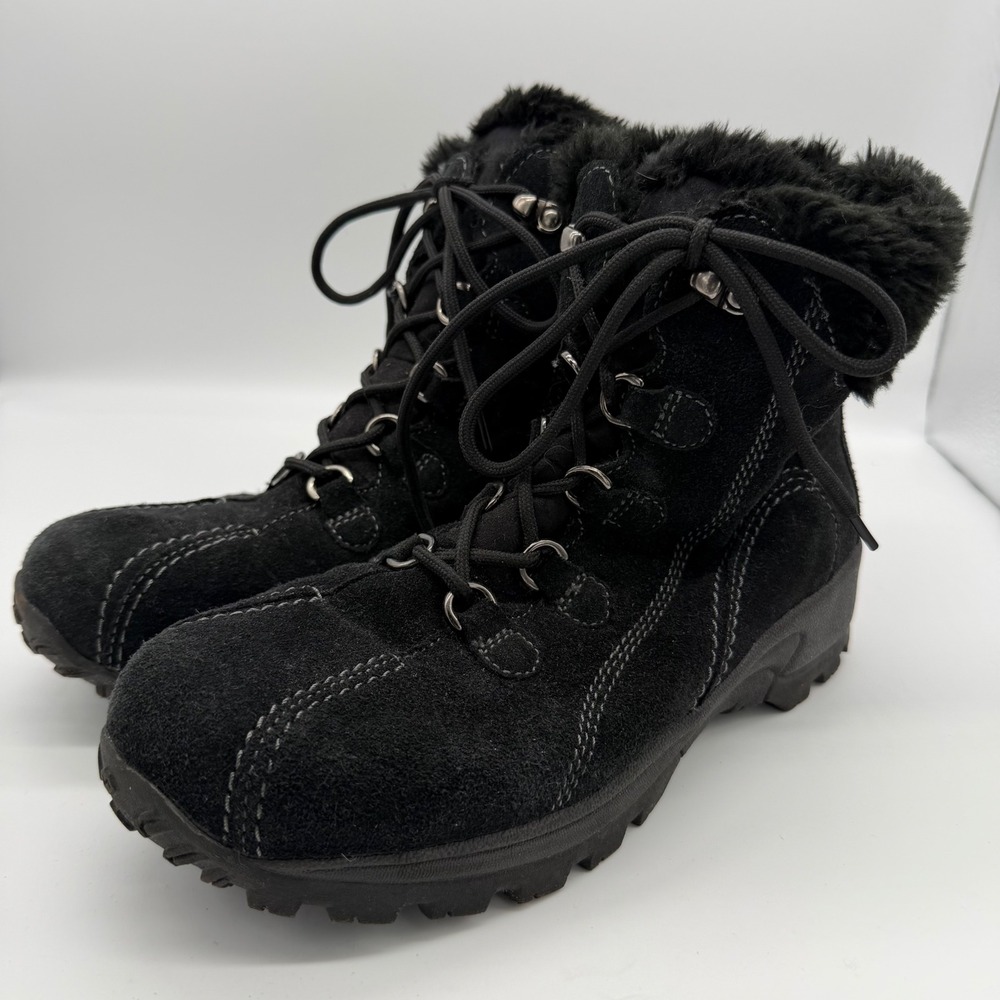 Earth Spirit Seona Black Suede Faux Fur Trim Lace Up Winter Boots 10